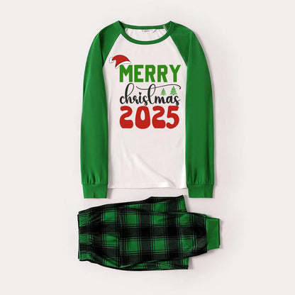 Merry Christmas 2025 Print Long Sleeve Top With Green & Black Plaid Christmas Matching Pajamas