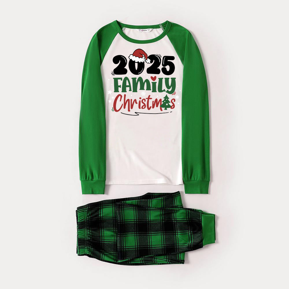 Santa Hat and Family Christmas 2025 Print Long Sleeve Top With Green & Black Plaid Christmas Matching Pajamas