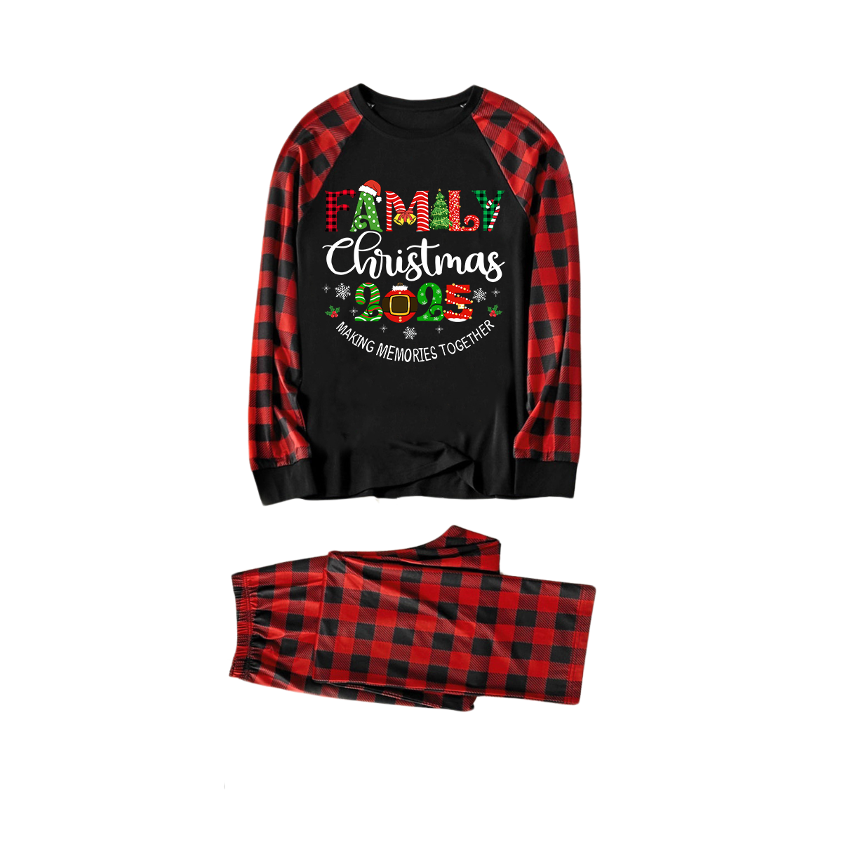 "Family Christmas 2025" Cute Print Black & Red Plaid Christmas Matching Pajamas