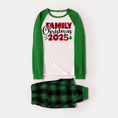 Family Christmas 2025 Text Print Long Sleeve Top With Green & Black Plaid Christmas Matching Pajamas