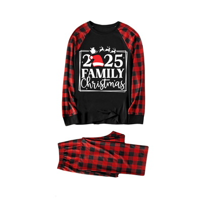 "2025 Family Christmas" Text and Santa Hat Print Black & Red Plaid Family Matching Pajamas