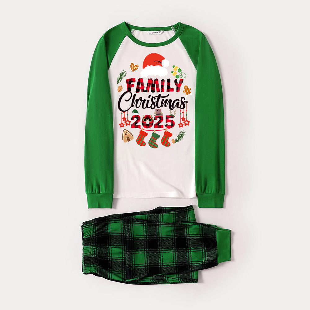 Family Christmas 2025 and Christmas Pattern Print Long Sleeve Top With Green & Black Plaid Matching Pajamas