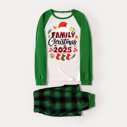 Family Christmas 2025 and Christmas Pattern Print Long Sleeve Top With Green & Black Plaid Matching Pajamas