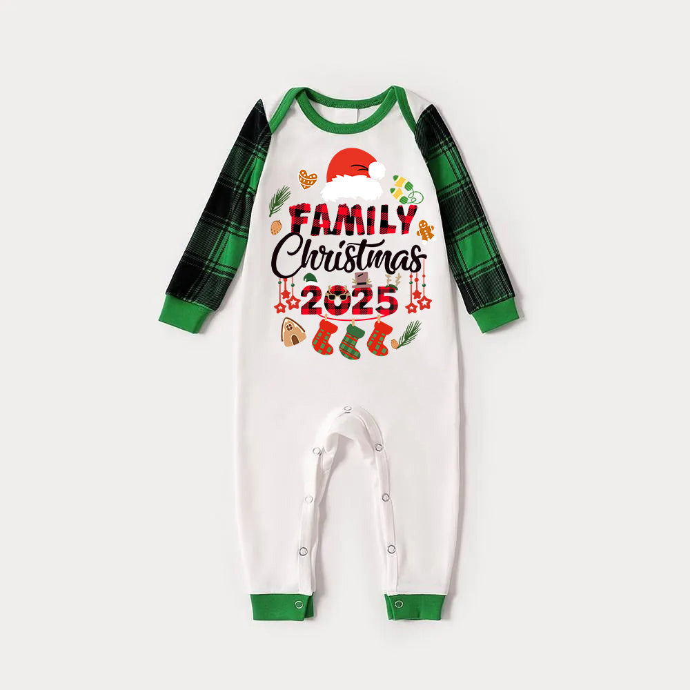 Family Christmas 2025 and Christmas Pattern Print Long Sleeve Top With Green & Black Plaid Matching Pajamas