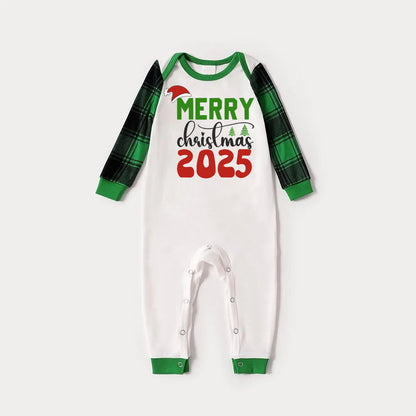 Merry Christmas 2025 Print Long Sleeve Top With Green & Black Plaid Christmas Matching Pajamas