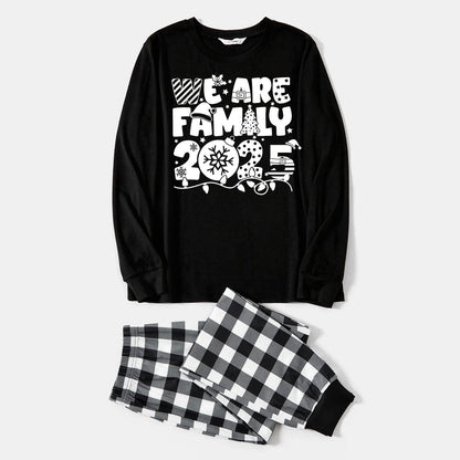 "We are Family 2025" White Letter Print Black Long Sleeve Top with Black And White Plaid Pants Family Matching Pajamas