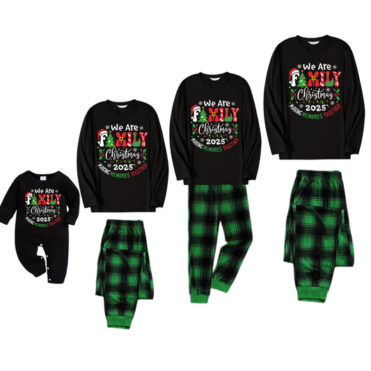 "We are Family" 2025 Christmas Wreath - Black Long Sleeve Top with Black And Green Plaid Pants Family Matching Pajamas