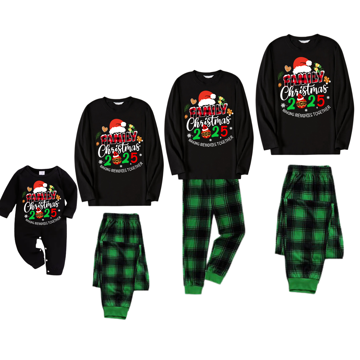 "Making Memories Together Christmas 2025" Print Black and Green Plaid Pants Family Matching Pajamas