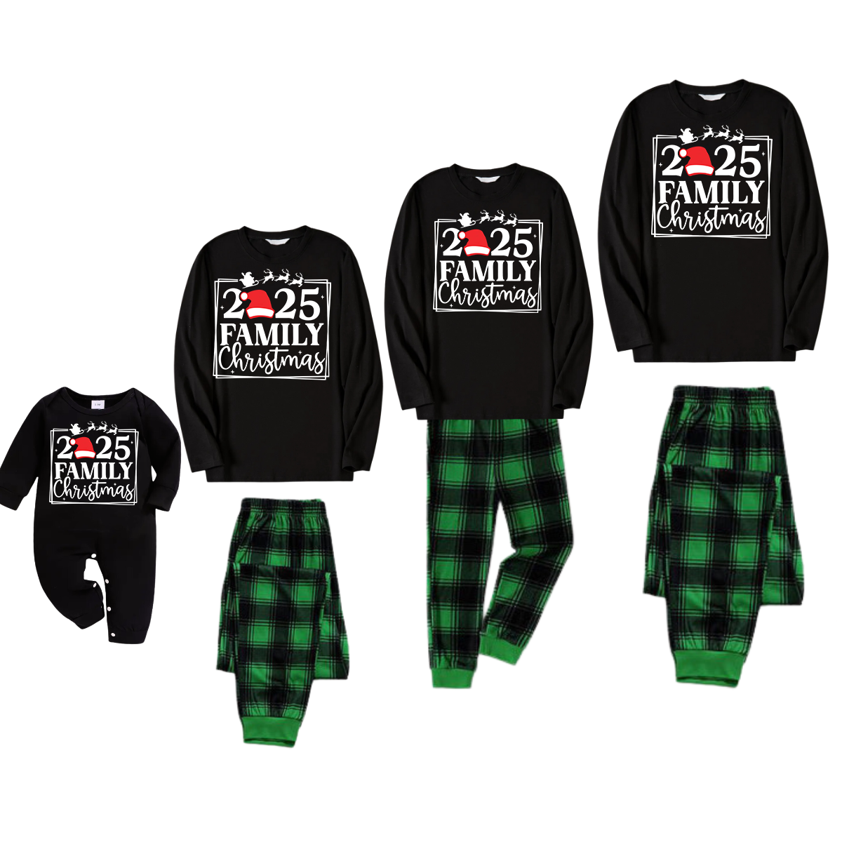 "Family Christmas 2025" Text Printed Black and Green Plaid Family Christmas Matching Pajamas