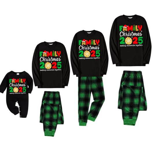 "Family Christmas 2025" Cute Pattern Printed Black and Green Plaid Family Matching Pajamas