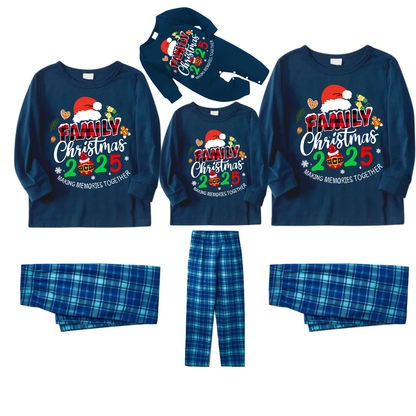 Family Christmas 2025 Making Memories Together Text Print Blue Long Sleeve Top With Blue Plaid Family Matching Pajamas