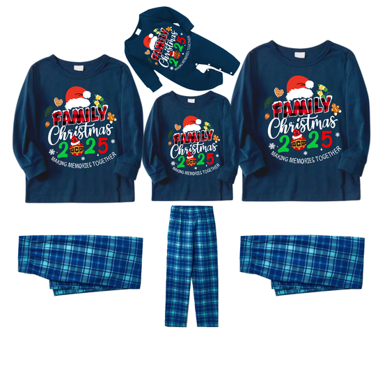 Family Christmas 2025 Making Memories Together Text Print Blue Long Sleeve Top With Blue Plaid Family Matching Pajamas