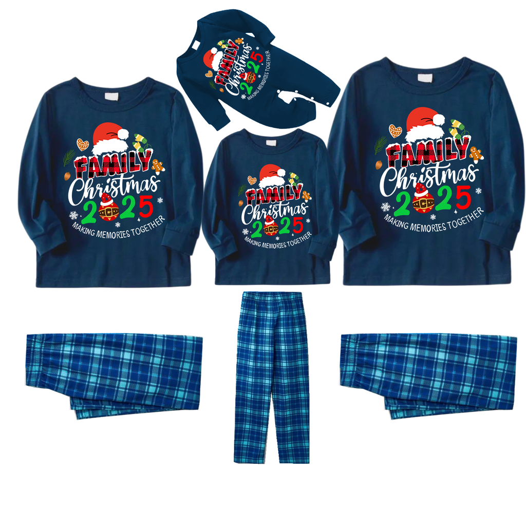 Family Christmas 2025 Making Memories Together Text Print Blue Long Sleeve Top With Blue Plaid Family Matching Pajamas