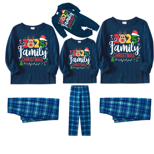"Family Christmas 2025" Text and Deer Prints Blue Long Sleeve Top With Blue Plaid Family Matching Pajamas