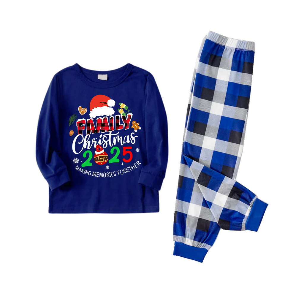 "Family Christmas 2025 Making Memories Together" Text and Santa Hat Printed Blue and White Plaid Couple Matching Pajamas