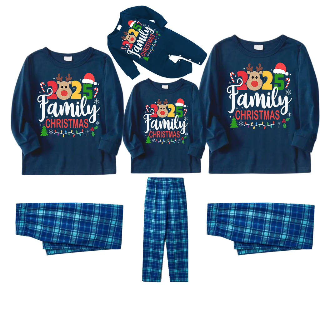"Family Christmas 2025" Text and Deer Prints Blue Long Sleeve Top With Blue Plaid Family Matching Pajamas