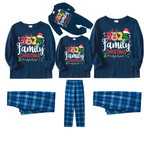 "Family Christmas 2025" Text and Deer Prints Blue Long Sleeve Top With Blue Plaid Family Matching Pajamas