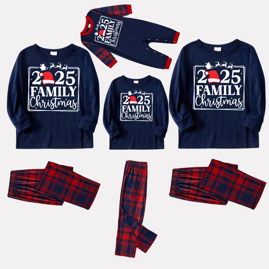 "2025 Family Christmas and Elk" Prints Blue Long Sleeves Top with Red and Blue Plaid Pants Christmas Matching Pajamas