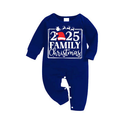 "2025 Family Christmas" Text and Reindeer Printed Blue and White Plaid Family Matching Pajamas