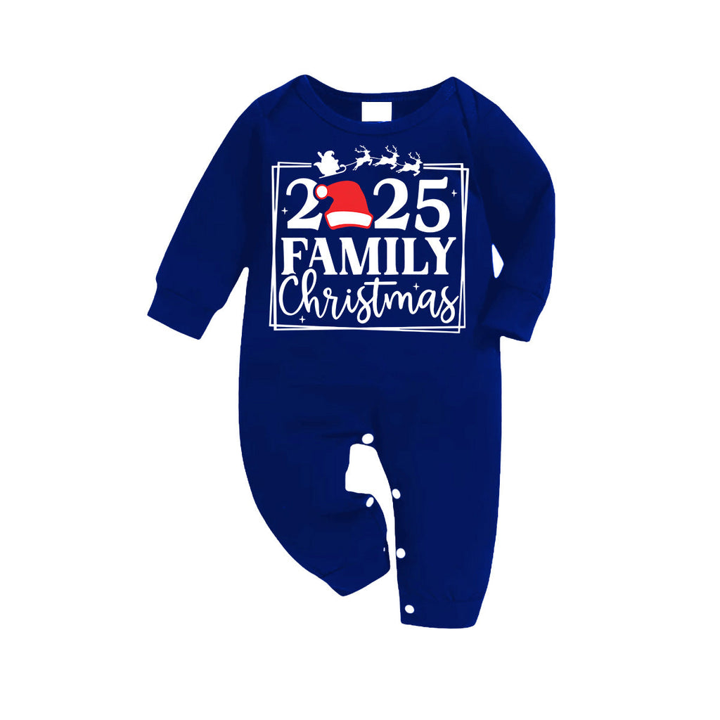 "2025 Family Christmas" Text and Reindeer Printed Blue and White Plaid Family Matching Pajamas