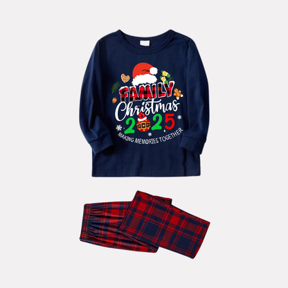 "Family Christmas 2025" Text and Santa Hat Prints Blue Long Sleeves Top with Red and Blue Plaid Pants Christmas Matching Pajamas