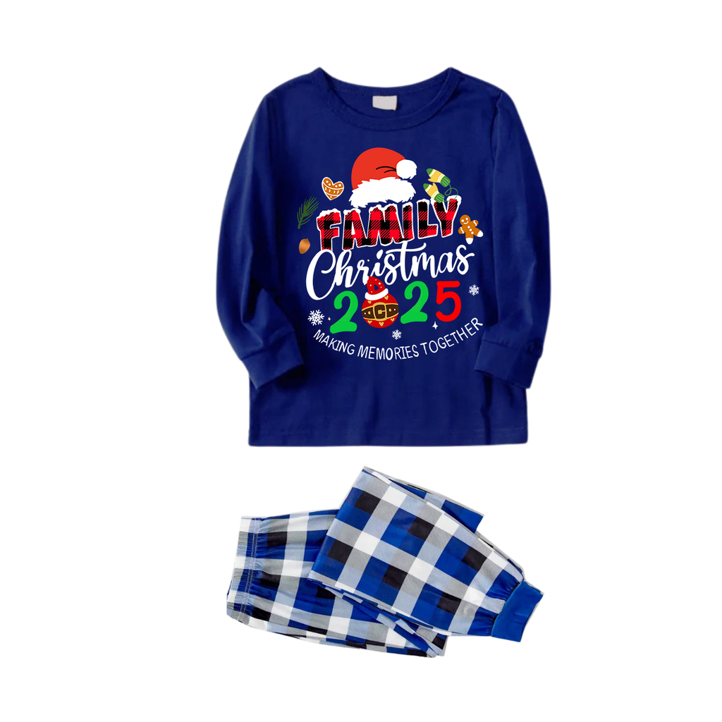 "Family Christmas 2025 Making Memories Together" Text and Santa Hat Printed Blue and White Plaid Couple Matching Pajamas