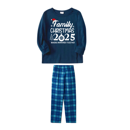 "Family Christmas 2025 " Text Print Blue Long Sleeve Top With Blue Plaid Family Matching Pajamas