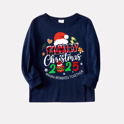 "Family Christmas 2025" Text and Santa Hat Prints Blue Long Sleeves Top with Red and Blue Plaid Pants Christmas Matching Pajamas