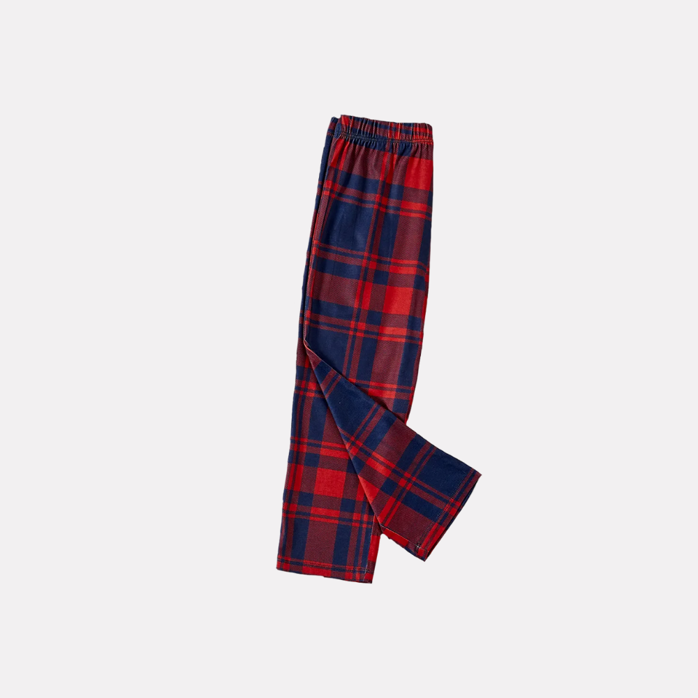 We Are Family 2026 Christmas Pajamas Set - Navy Top Red and Navy Plaid Pants White Text Graphic