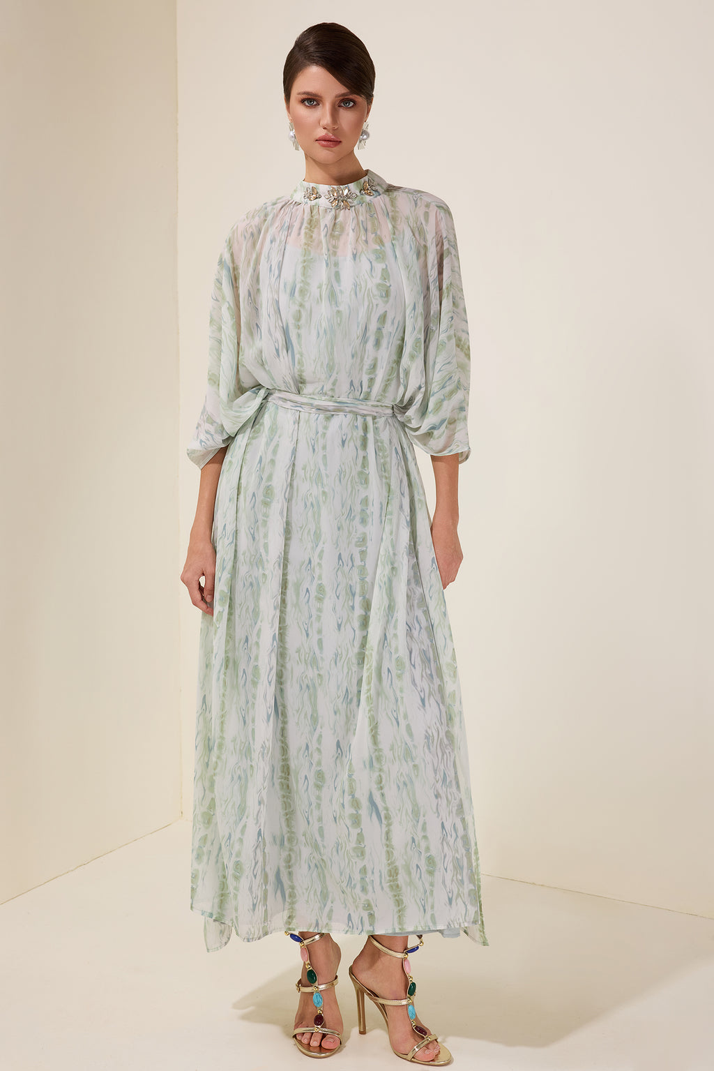 Rhinestone Batwing Sleeve Maxi Dress With Belt