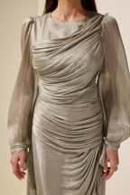 Gathering Lantern Sleeve Lace-Up Maxi Dress