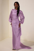 Gathering Lantern Sleeve Lace-Up Maxi Dress