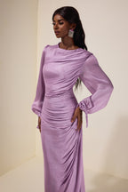 Gathering Lantern Sleeve Lace-Up Maxi Dress