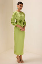 Satin Bell Sleeve Solid Midi Dress With Belt