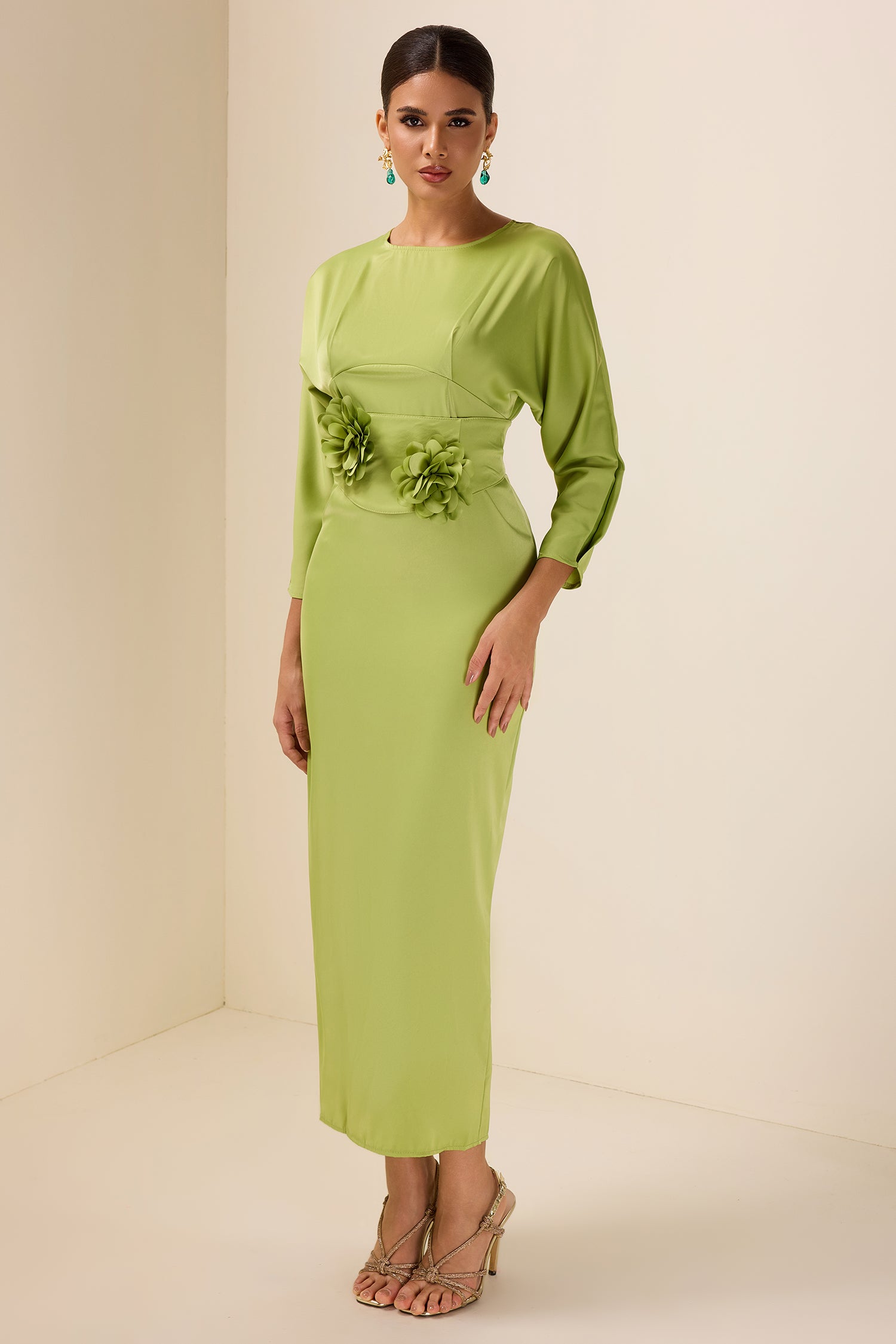 Satin Bell Sleeve Solid Midi Dress With Belt