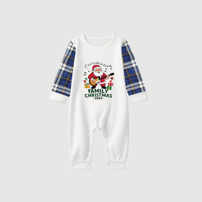 Christmas Family Matching Pajamas-Blue Raglan Top Blue Plaid Pants Pjs Set with Santa and "Merry Christmas" Print