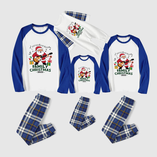 Christmas Family Matching Pajamas-Blue Raglan Top Blue Plaid Pants Pjs Set with Santa and "Merry Christmas" Print