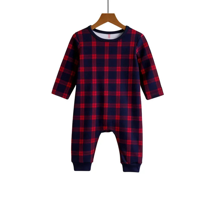 Holiday Pajamas Set for Whole Family –  Button-Front Gray Tee with Red Blue Plaid Pants