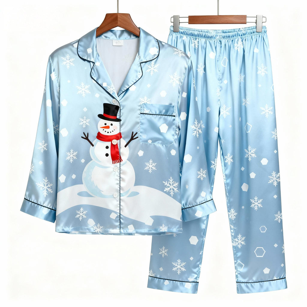 Holiday Family Button-Up Sky Blue Satin Christmas Pajamas Set
