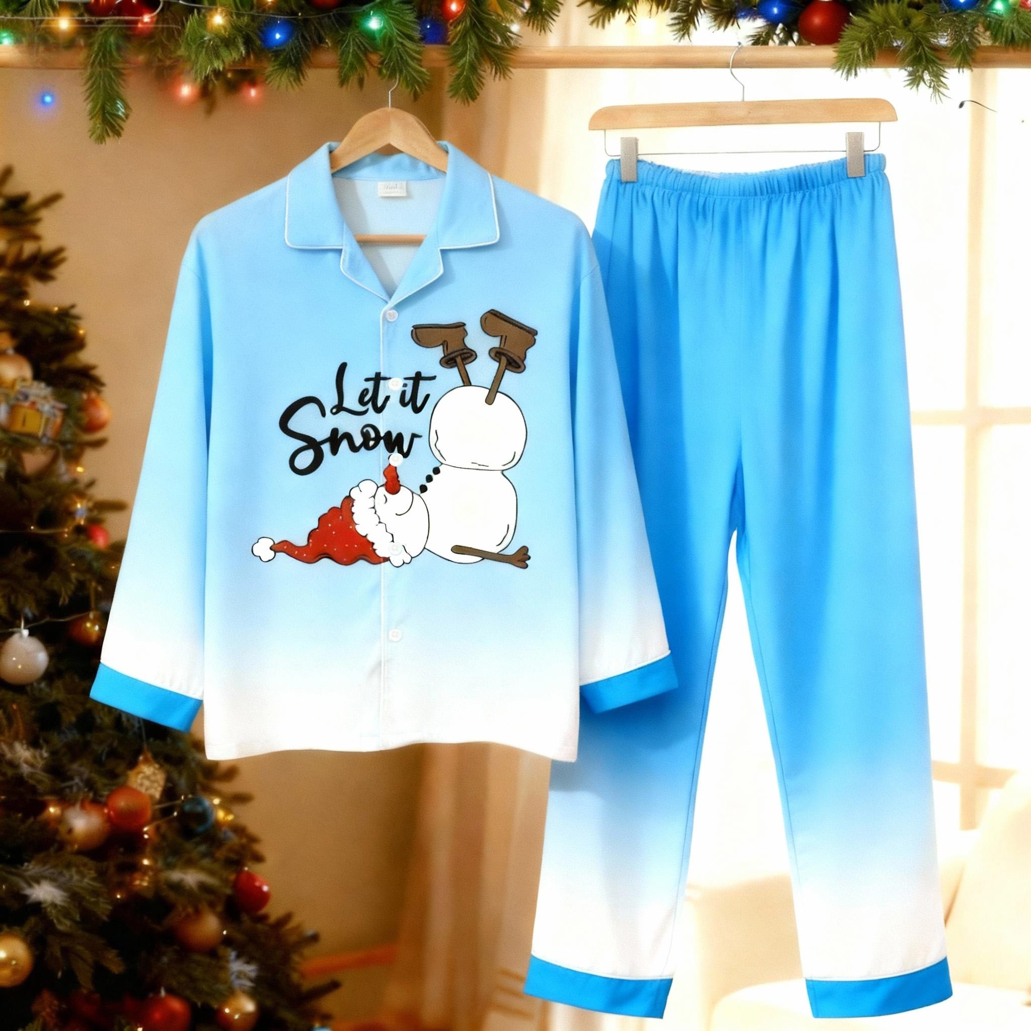 Gradient Color Snowman Button-Up Couple Christmas Pajamas Set