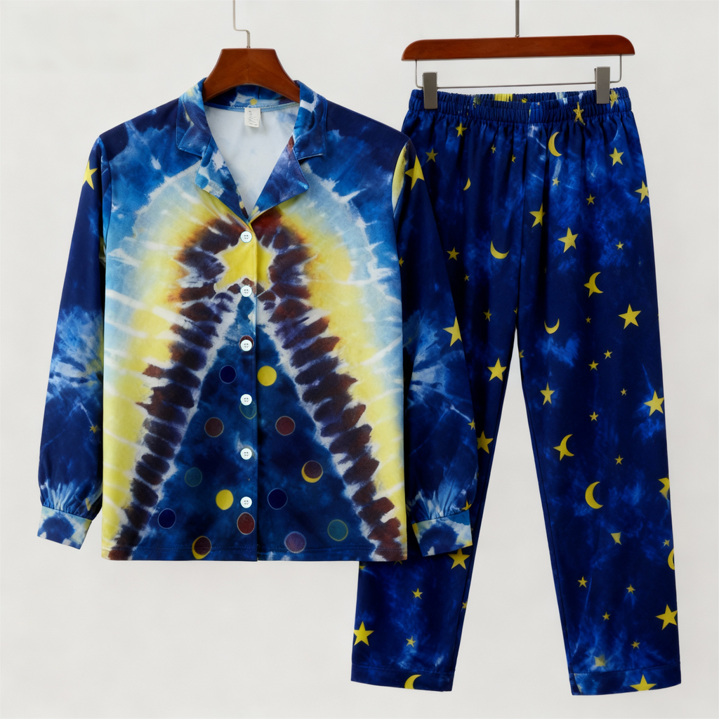 Holiday Couple Button-Up Blue Tie-dyed Christmas Pajamas Set