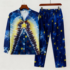 Holiday Couple Button-Up Blue Tie-dyed Christmas Pajamas Set