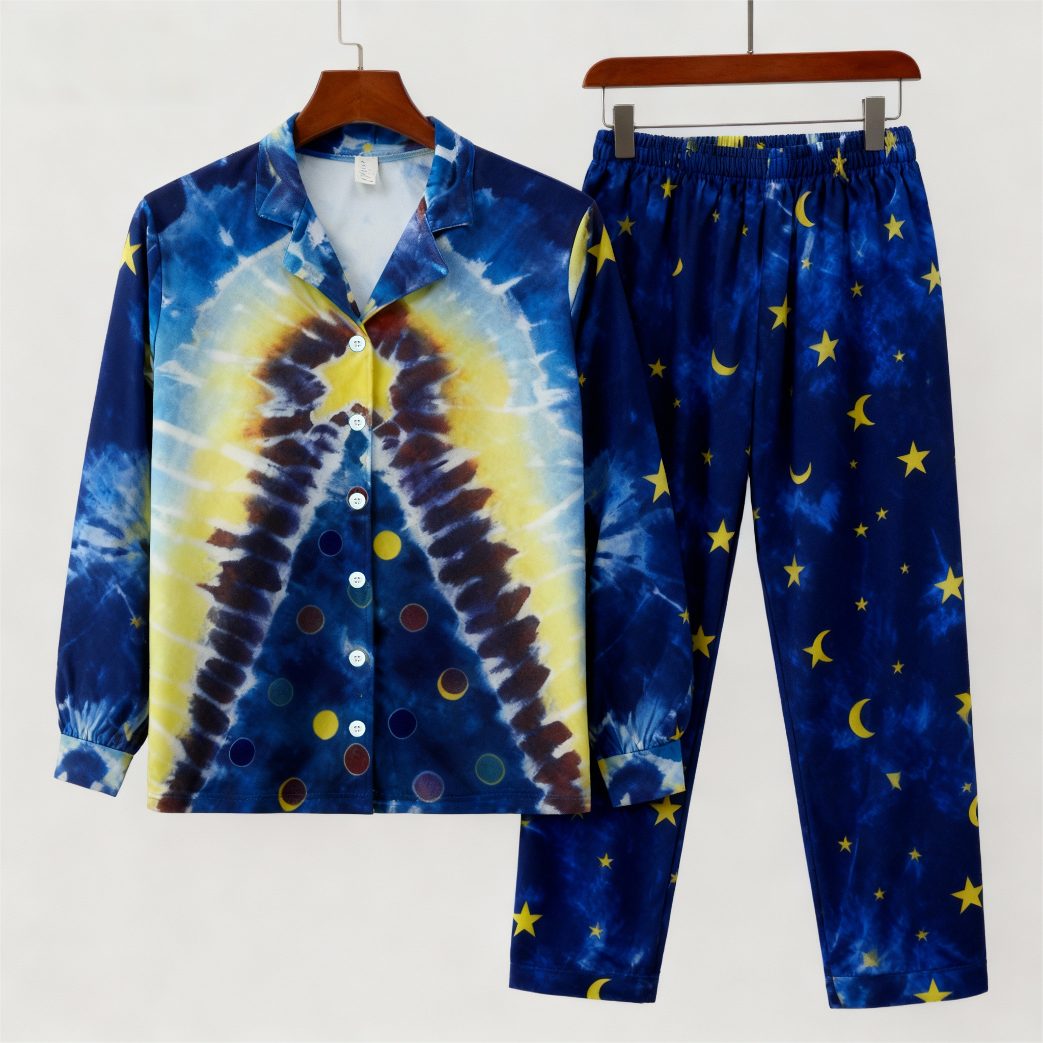 Holiday Couple Button-Up Blue Tie-dyed Christmas Pajamas Set