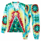 Holiday Couple Button-Up Green & Yellow Tie-dyed Christmas Pajamas Set