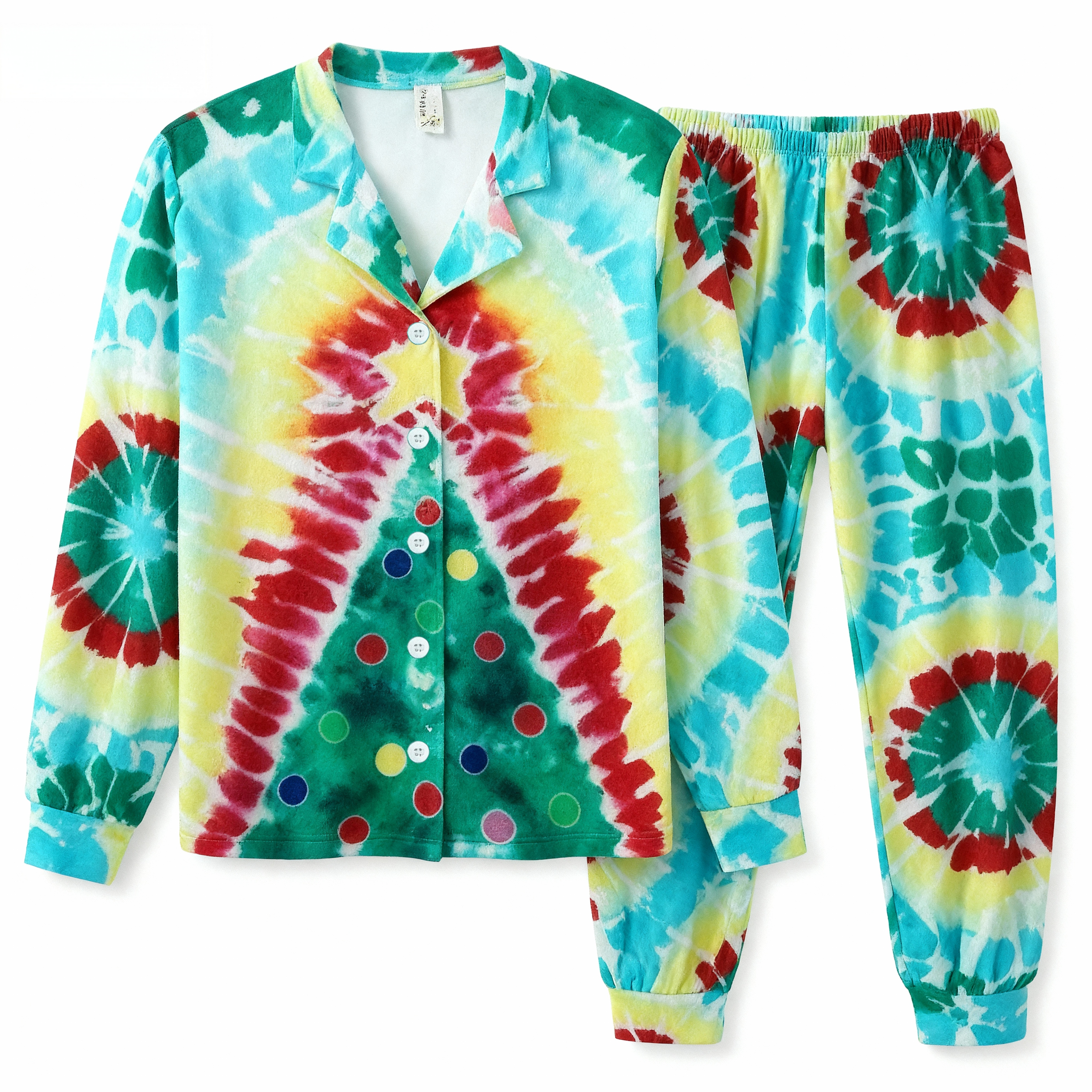 Holiday Couple Button-Up Green & Yellow Tie-dyed Christmas Pajamas Set