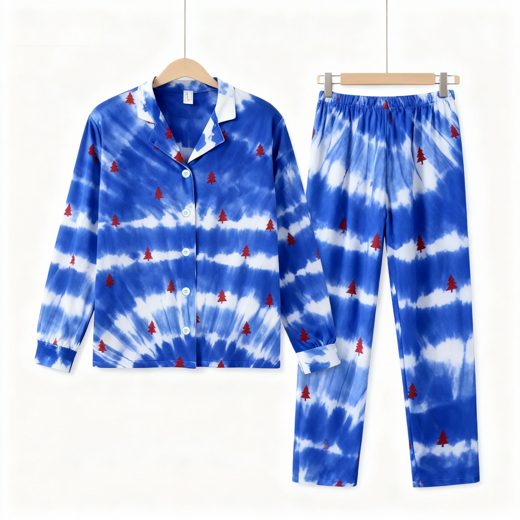 Holiday Family Button-Up Blue & Tree Tie-dyed Christmas Pajamas Set