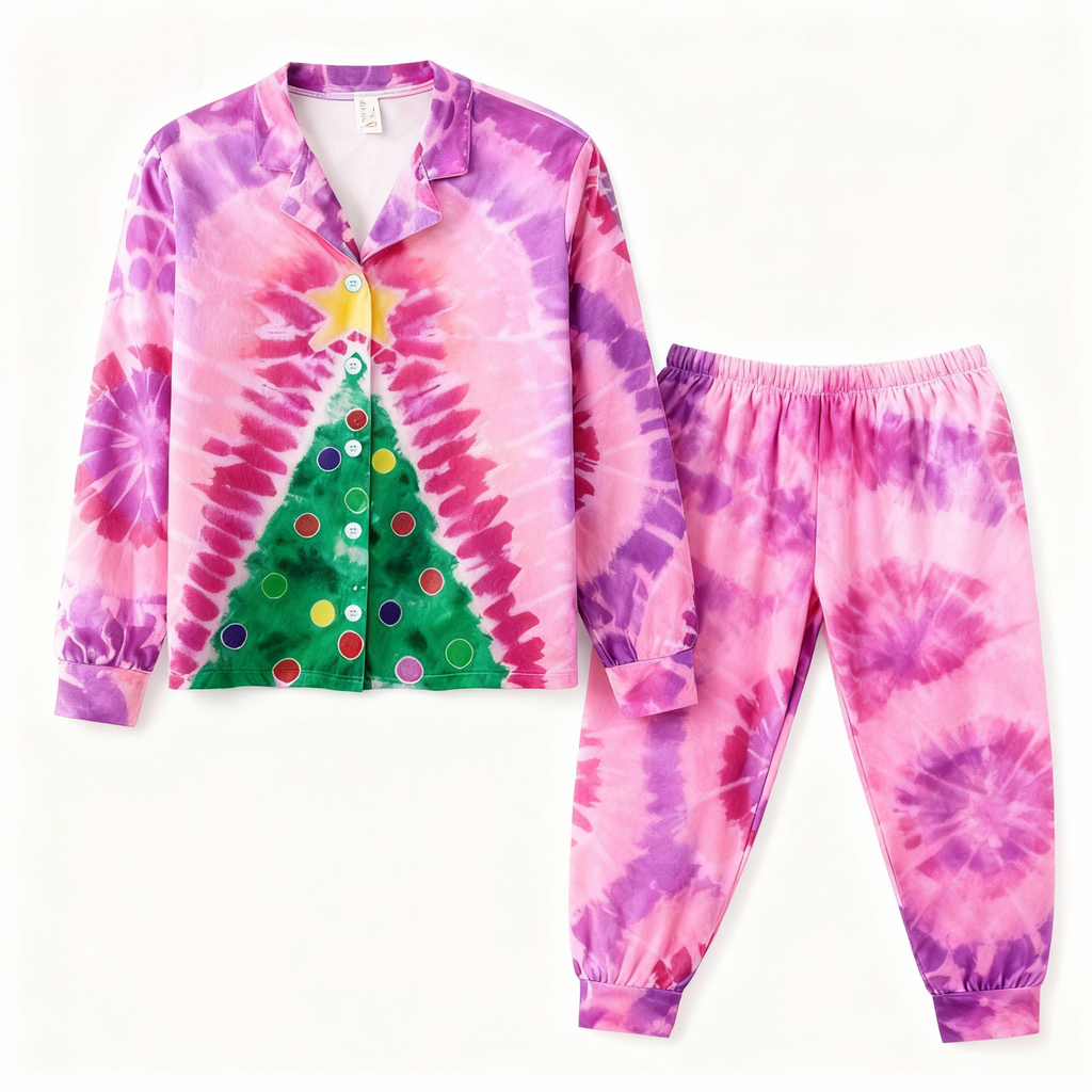 Holiday Couple Button-Up Pink Tie-dyed Christmas Pajamas Set