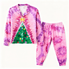 Holiday Couple Button-Up Pink Tie-dyed Christmas Pajamas Set