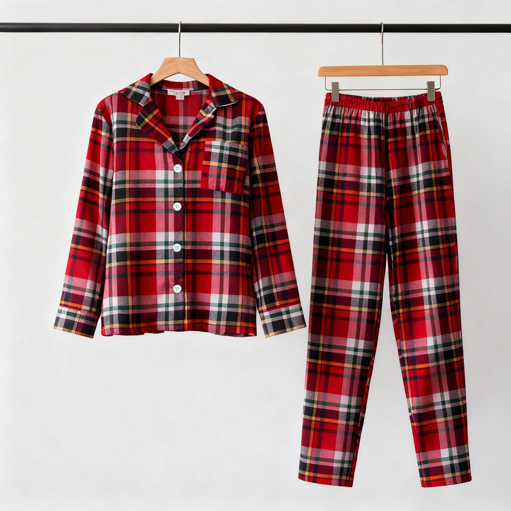 Christmas Couple Button-Up Red Plaid Pajamas Set