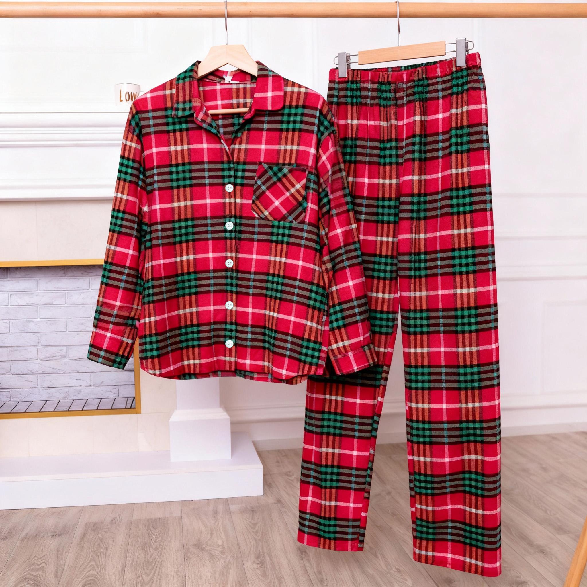 Festive Red and Green Plaid Button-Up Pajamas Set for Couple